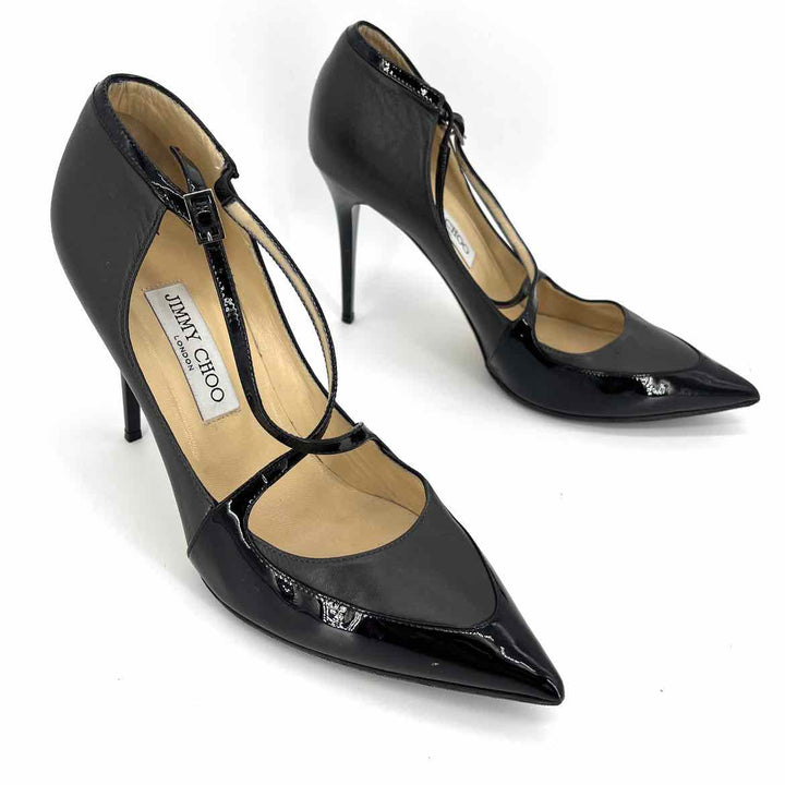Shoe Size 39.5 JIMMY CHOO Black Leather Patent Heels