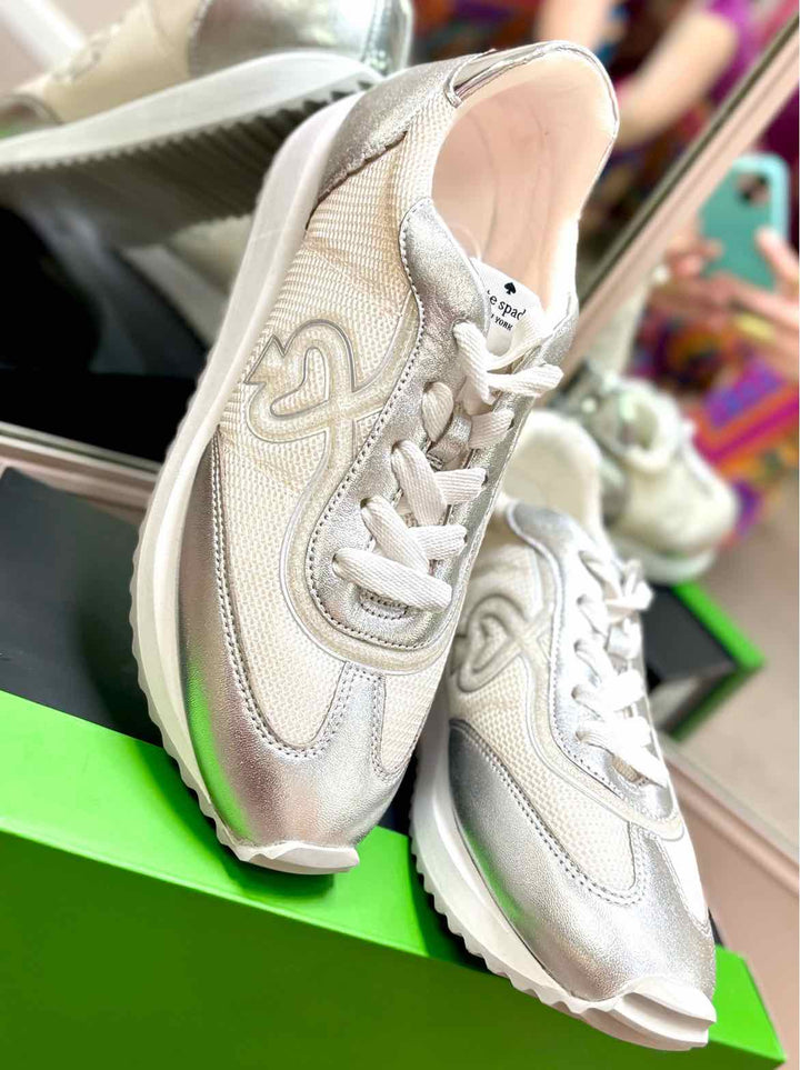 Shoe Size 9 Kate Spade Silver Knit Faux Leather Sneakers