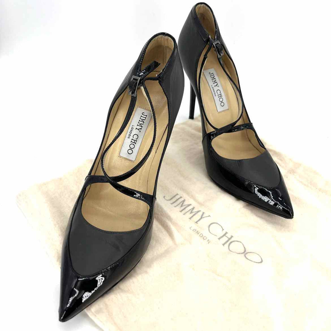 Shoe Size 39.5 JIMMY CHOO Black Leather Patent Heels