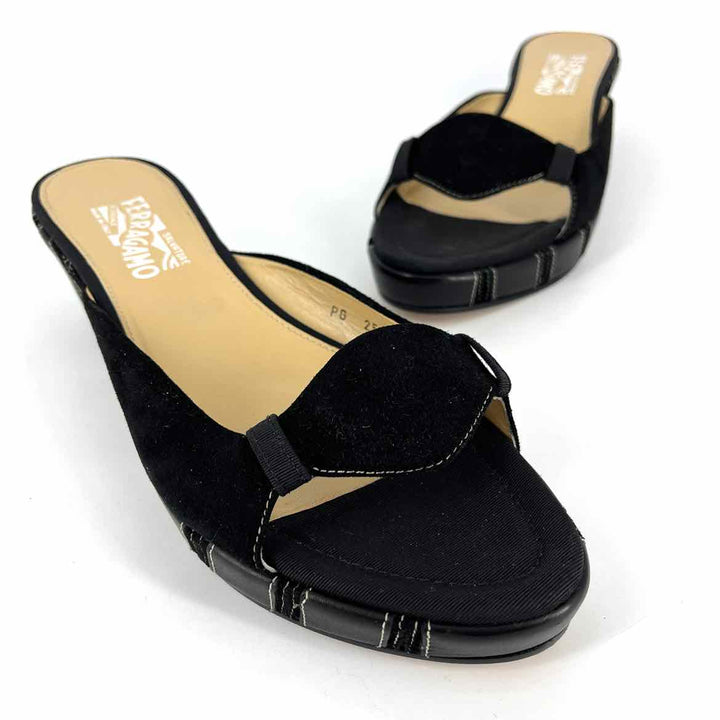 Shoe Size 10 FERRAGAMO Black Suede Patent Wedge