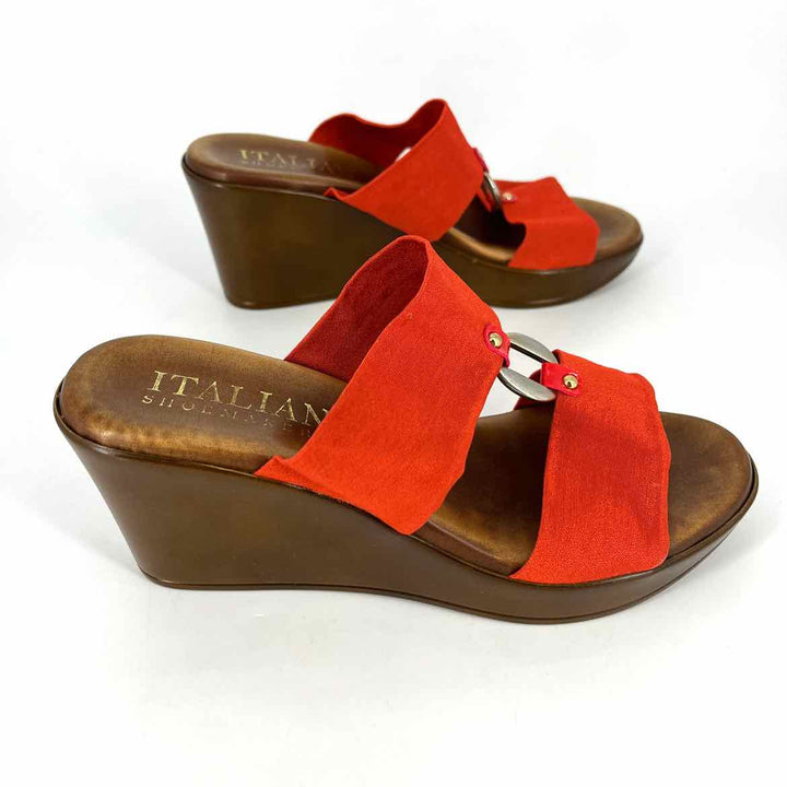 Shoe Size 6.5 ITALIAN SHOEMAKERS Orange Satin Wedge