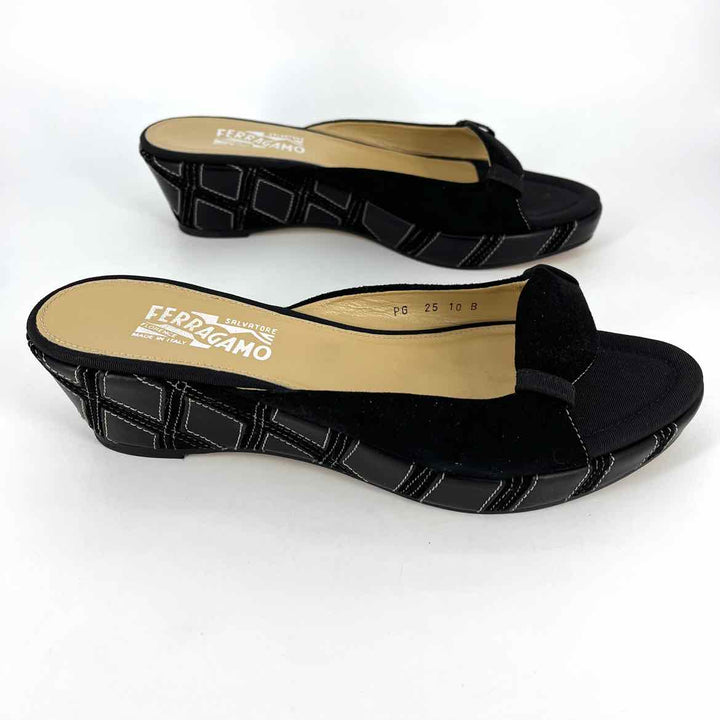 Shoe Size 10 FERRAGAMO Black Suede Patent Wedge