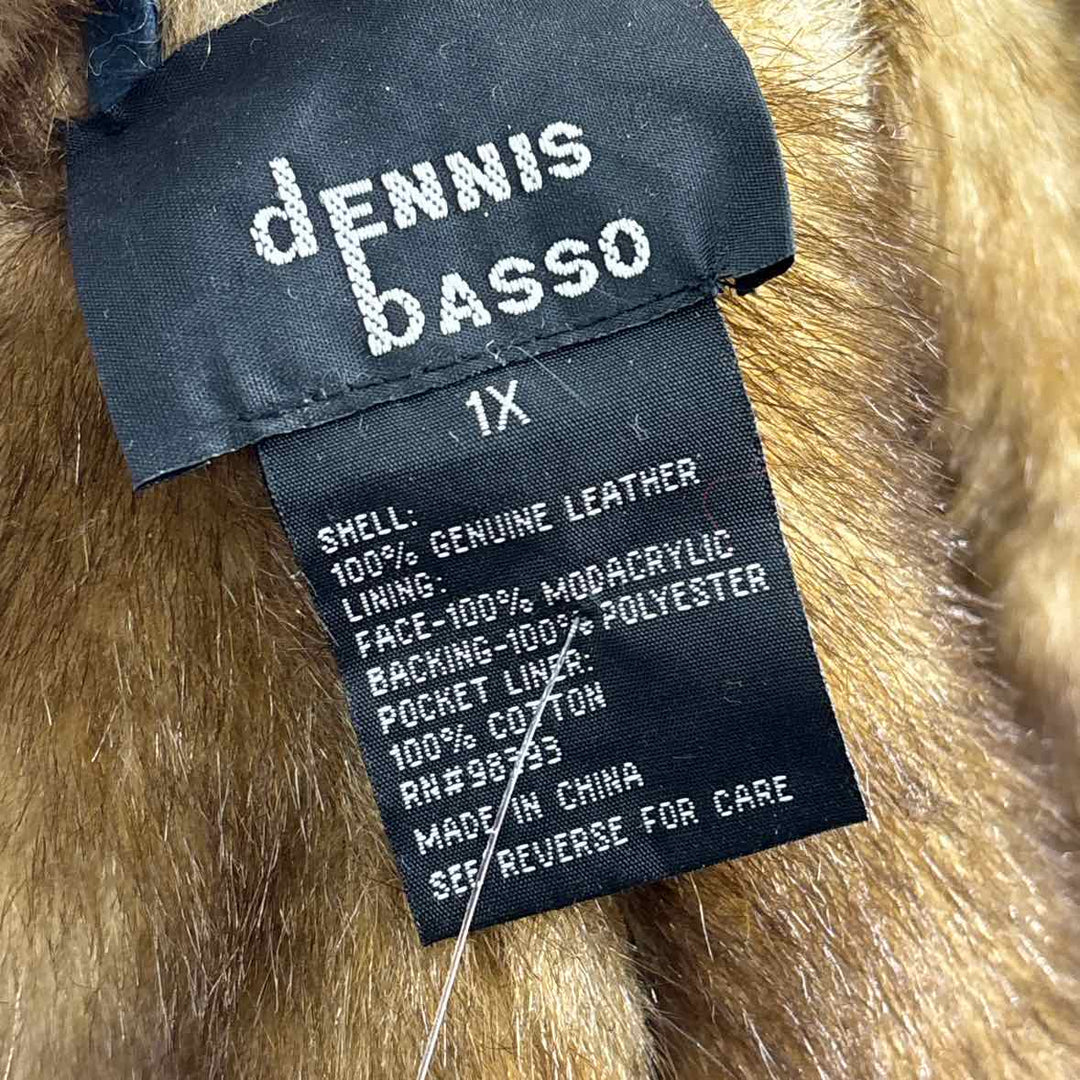 Size 1X DENNIS BASSO Blue Leather Faux Fur Coat