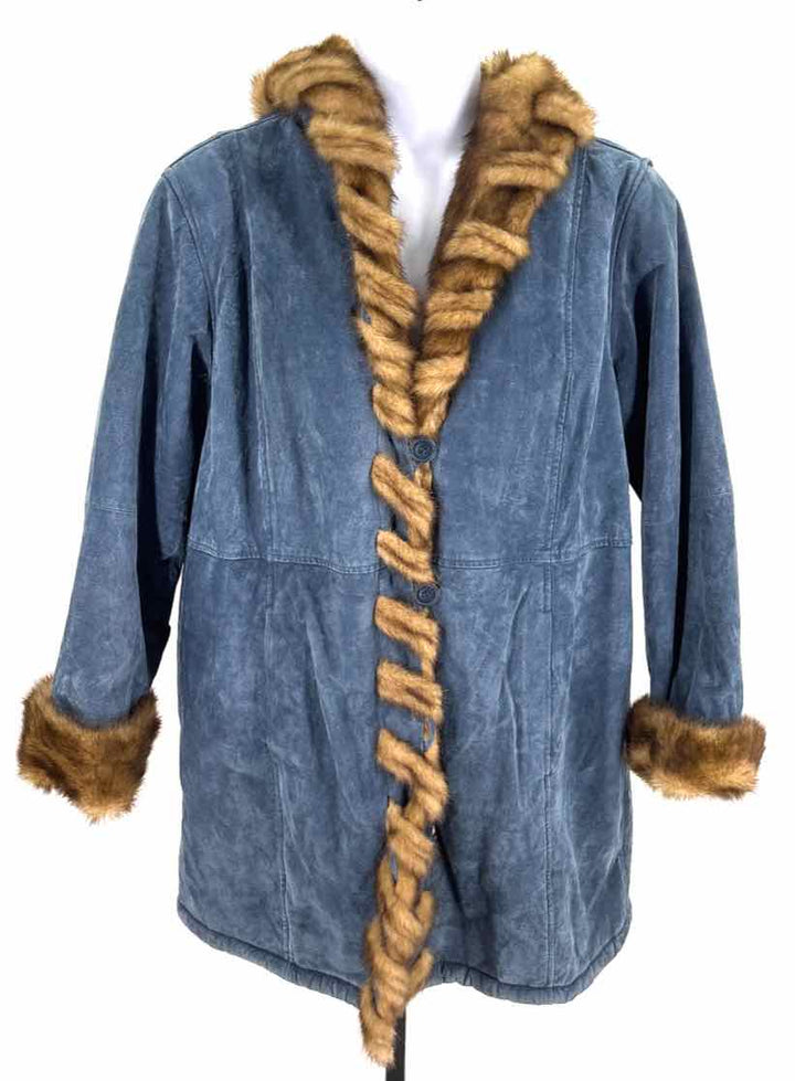 Size 1X DENNIS BASSO Blue Leather Faux Fur Coat