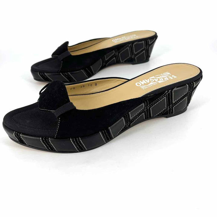 Shoe Size 10 FERRAGAMO Black Suede Patent Wedge