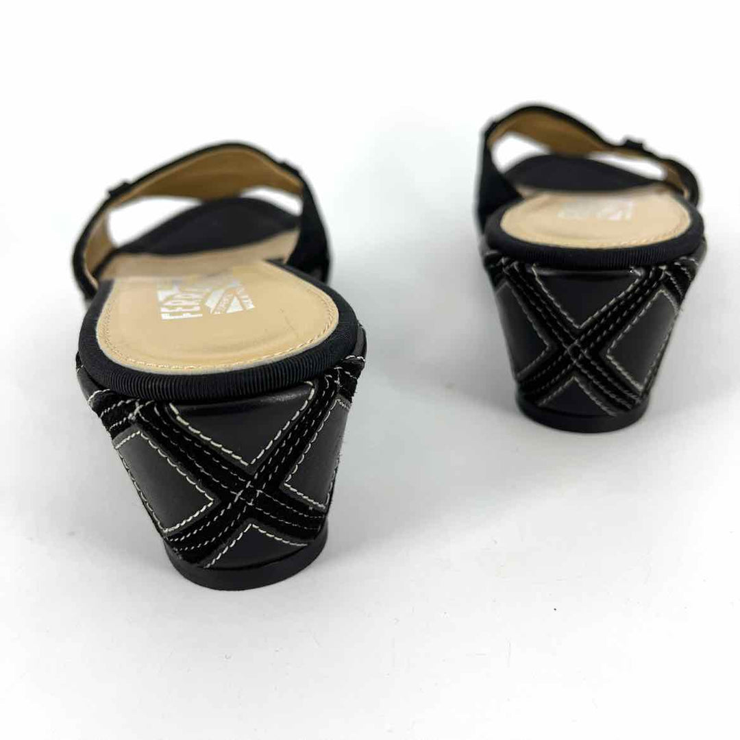 Shoe Size 10 FERRAGAMO Black Suede Patent Wedge