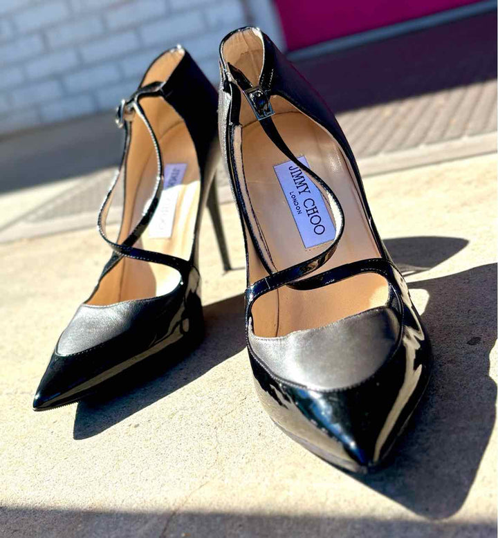 Shoe Size 39.5 JIMMY CHOO Black Leather Patent Heels
