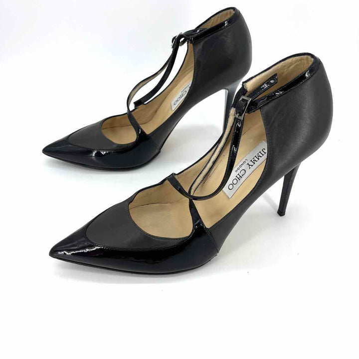 Shoe Size 39.5 JIMMY CHOO Black Leather Patent Heels